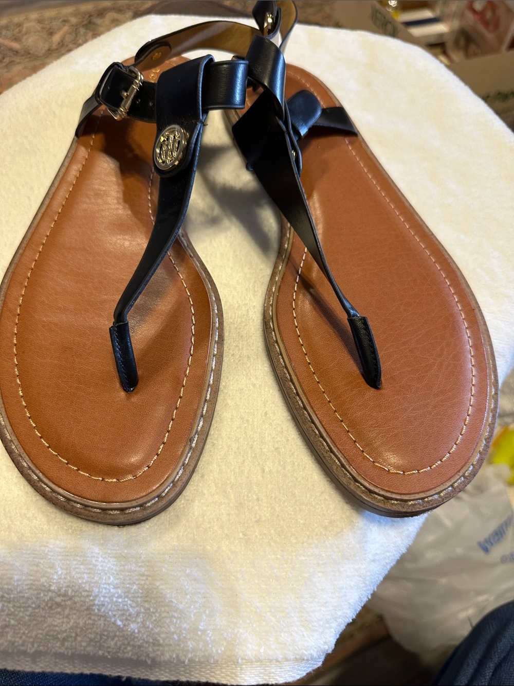 Tommy Hilfiger Black Leather T-Strap Sandals with Brown Footbed